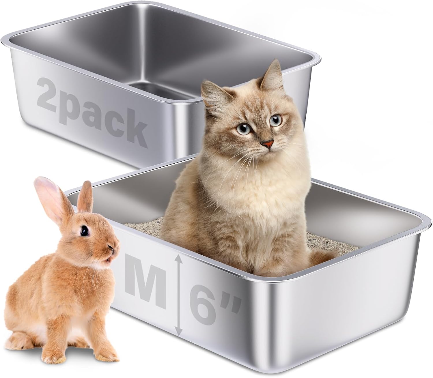 Stainless Steel Litter Box 2 Pack for Easy Cleaning and Odor Control
