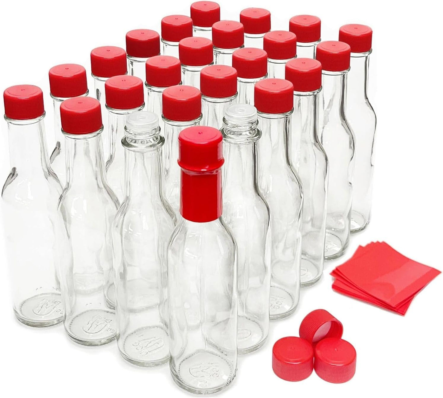 Clear Glass Hot Sauce Bottles with Red Caps & Shrink Bands