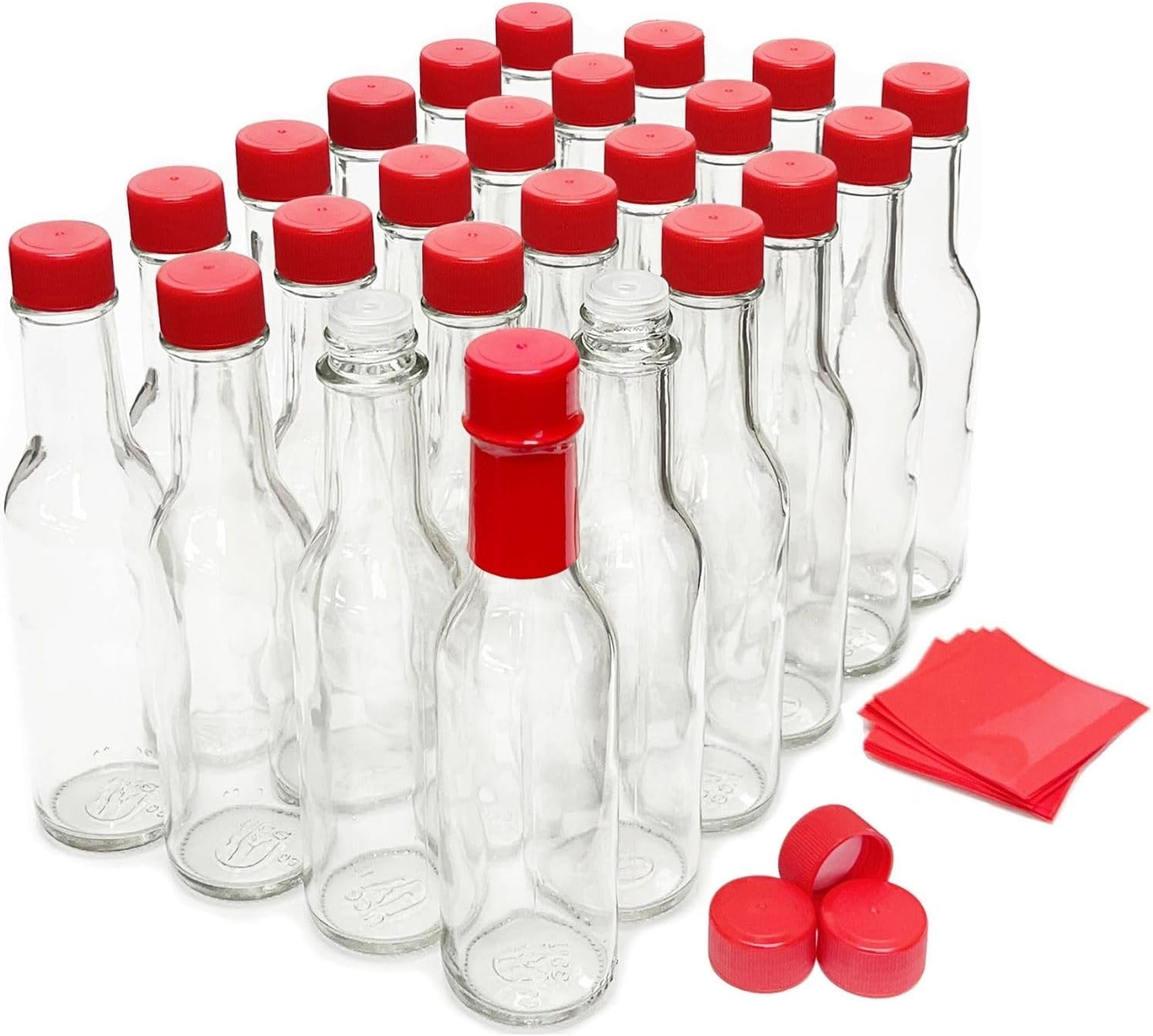 Clear Glass Hot Sauce Bottles with Red Caps & Shrink Bands