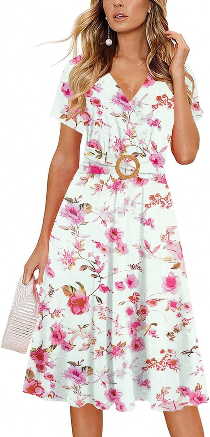 Elegant Criss-Cross V Neck Vintage Short Sleeve Dress with Pockets