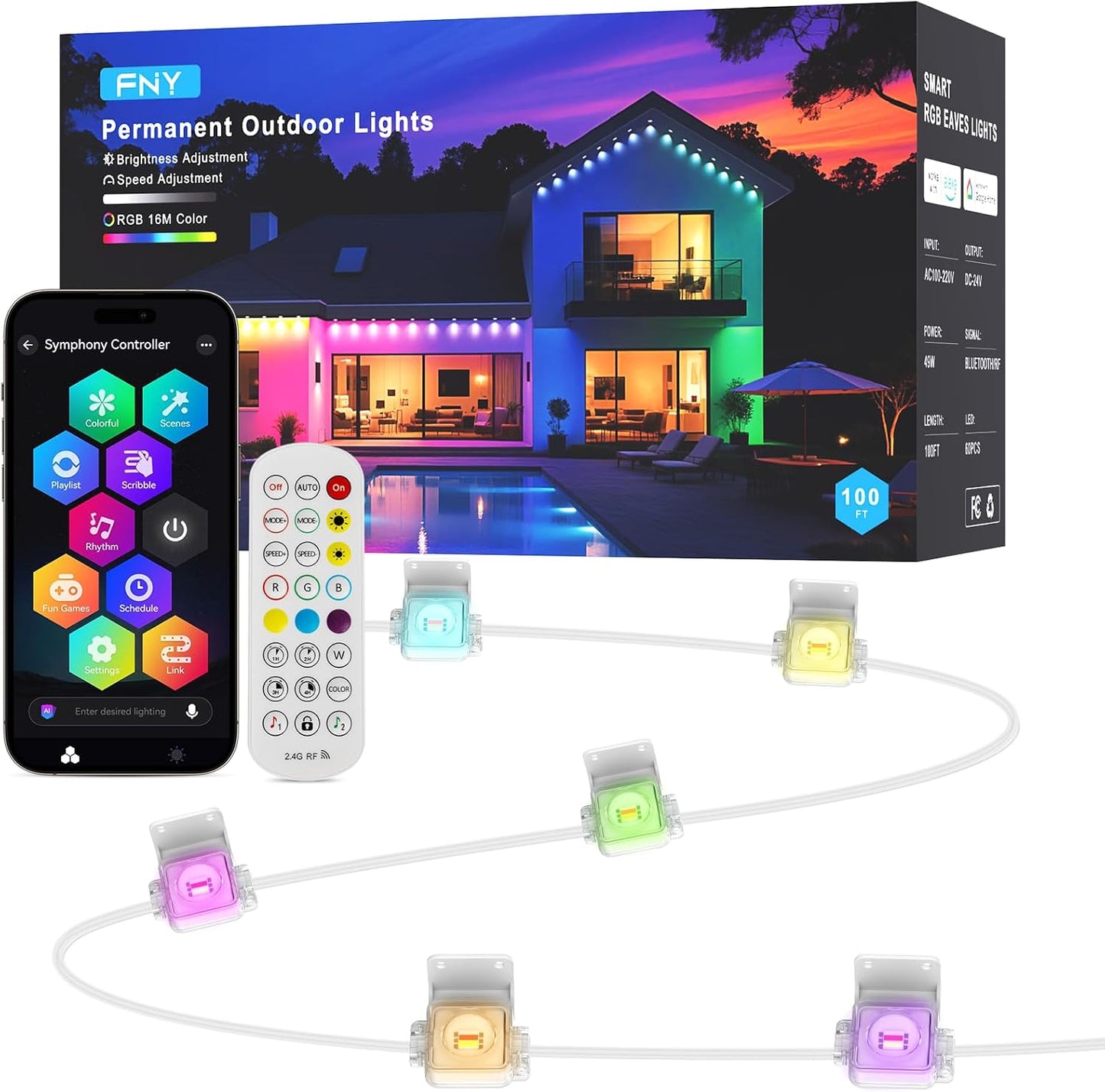 FNY Permanent Outdoor Lights 100ft Smart RGB for Year-Round Decor