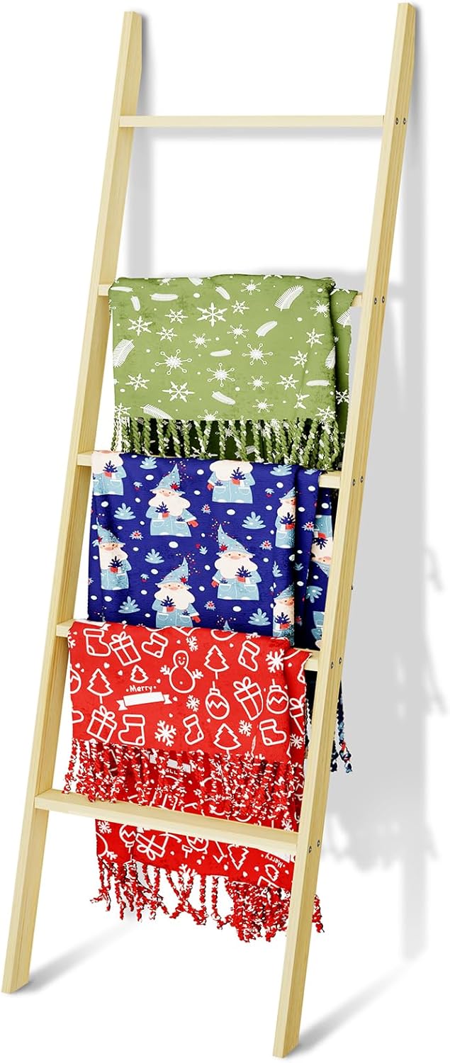 5-Tier Blanket Ladder Wooden Non-Folding Rustic Decor Rack