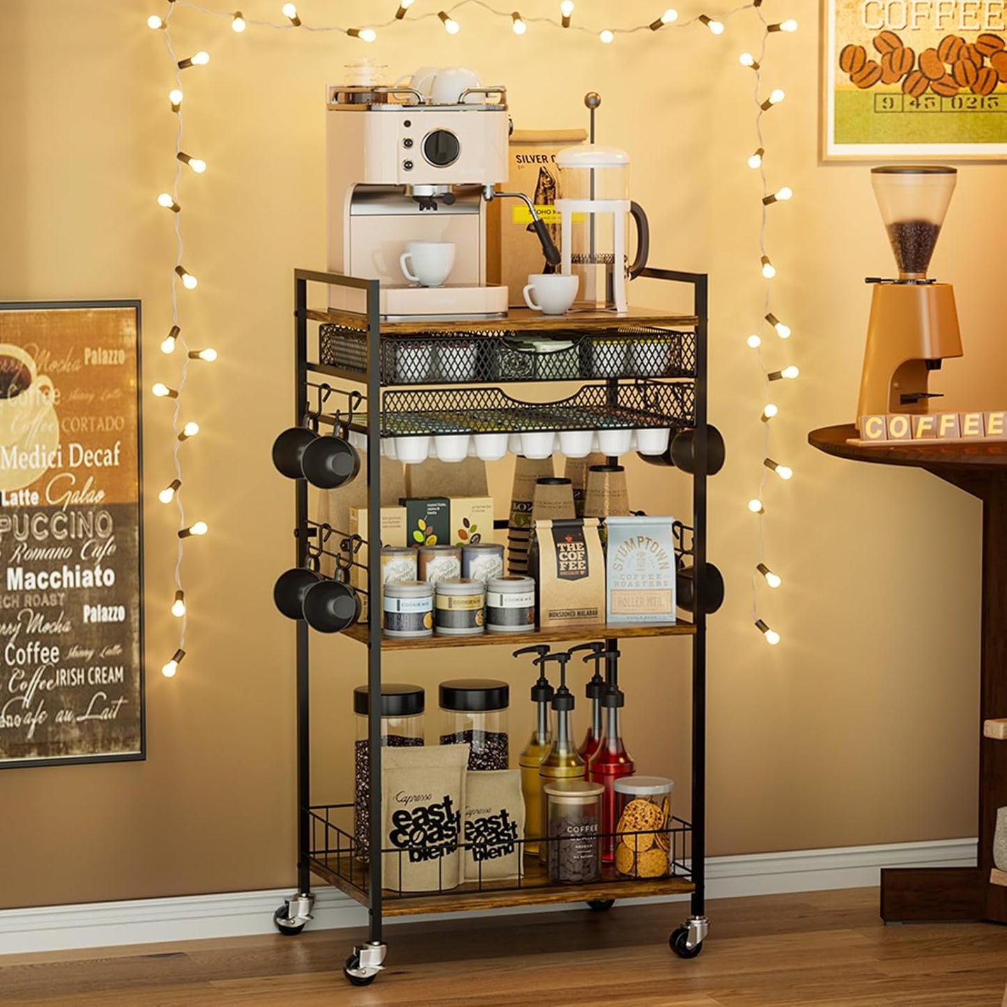 Coffee Bar Station with Storage Drawer - 5 Tier Organizer