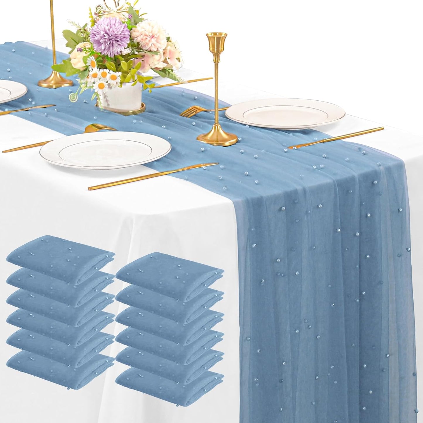 Elegant 12 Pack 10FT Dusty Blue Pearl Table Runners for Events