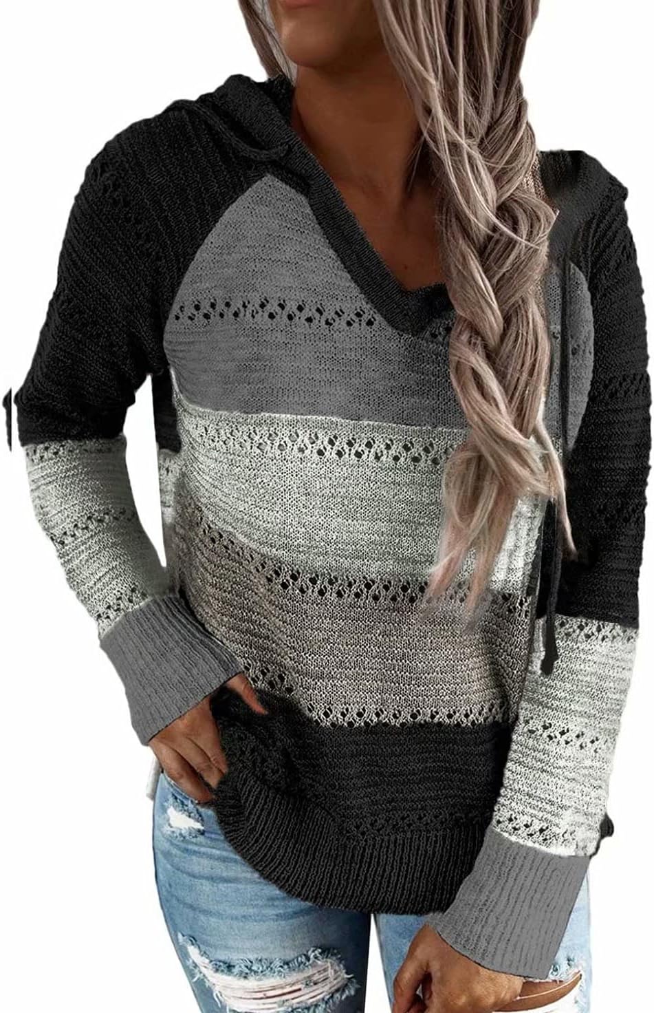 BLENCOT Women Color Block Hooded Crochet Striped Sweater Review