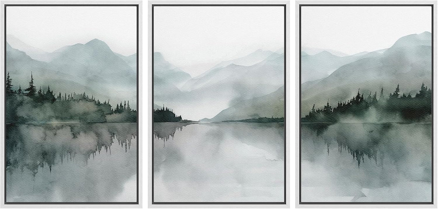 Misty Mountain Lake Watercolor Art Print Set for Modern Decor