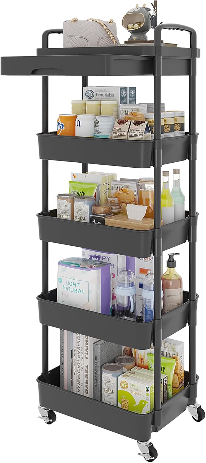 5-Tier Rolling Utility Cart with Drawer for Multifunctional Storage