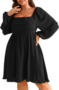 Womens Plus Size Long Sleeve Mini Dress - Ruched Smocked A-Line