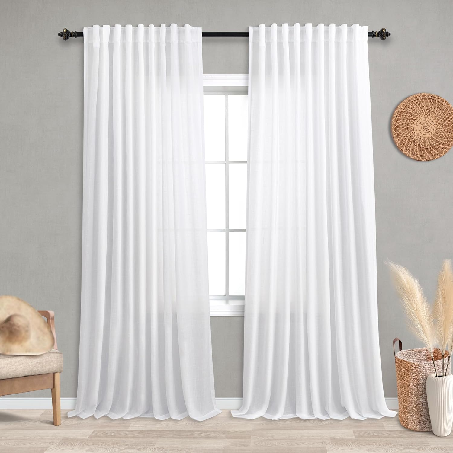 KOUFALL White Back Tab Rod Pocket Linen Sheer Curtains 72x96