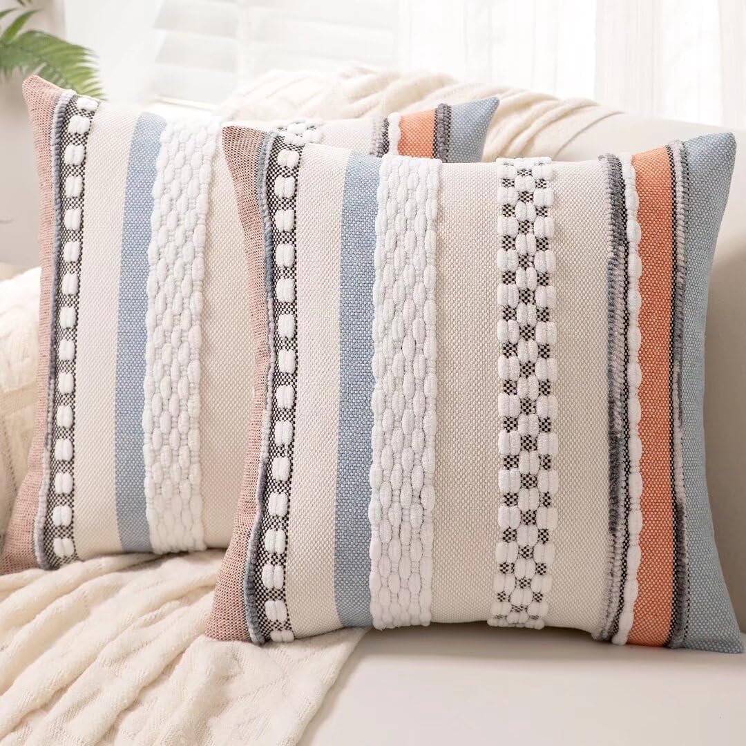 Boho Throw Pillow Covers 18x18 Set of 2 for Farmhouse Decor