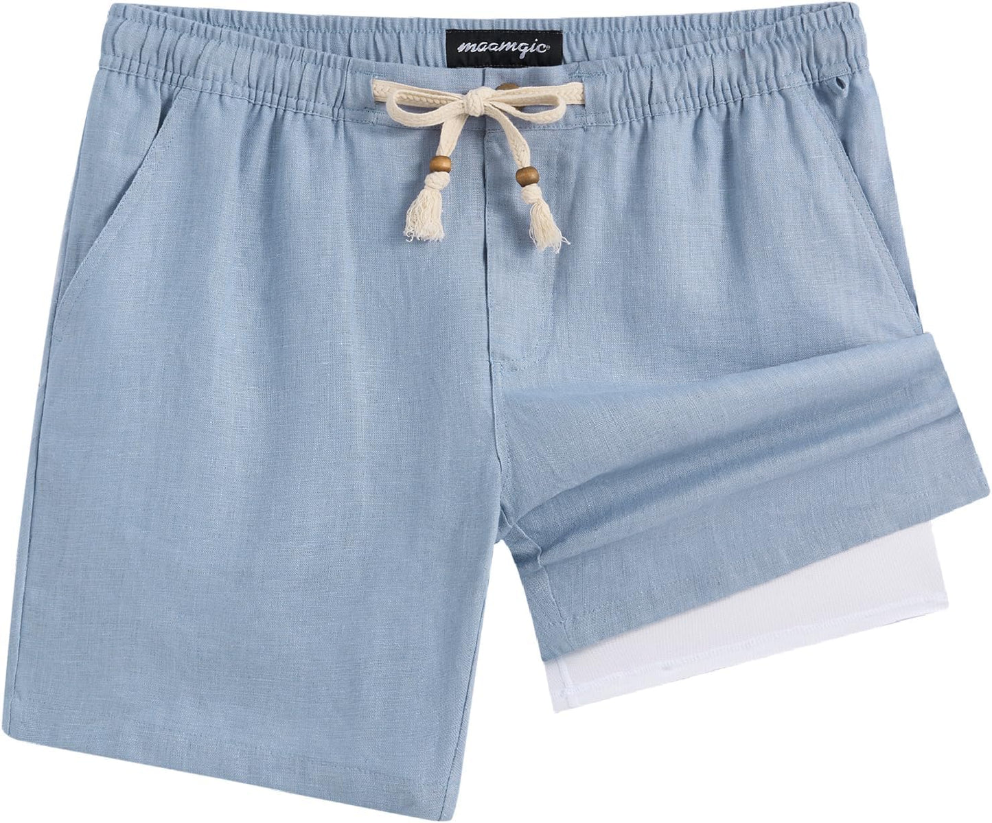 Mens Casual Linen Shorts with Elastic Waist and Pockets
