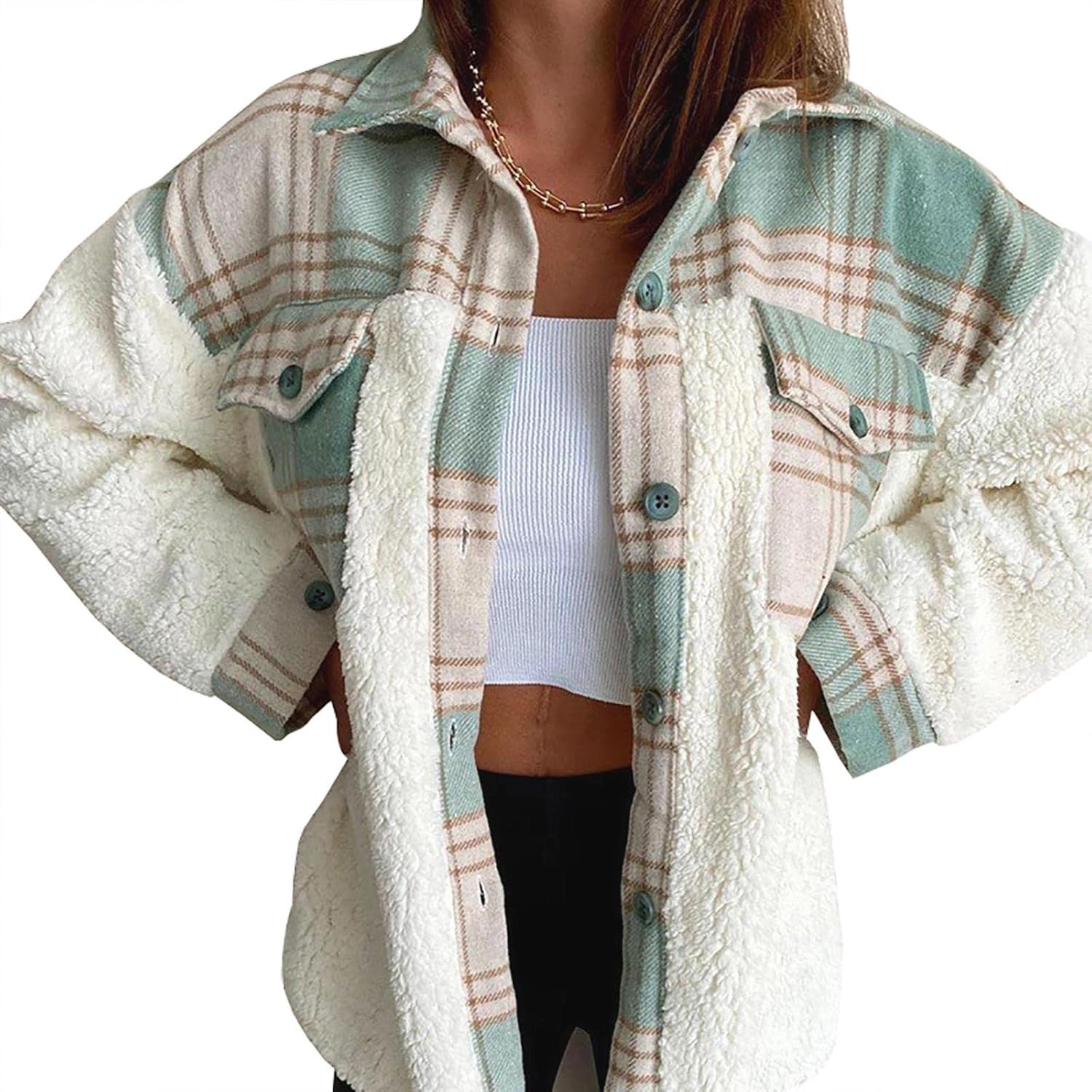 Flannel Button Down Fleece Jacket for Women - Cozy & Stylish