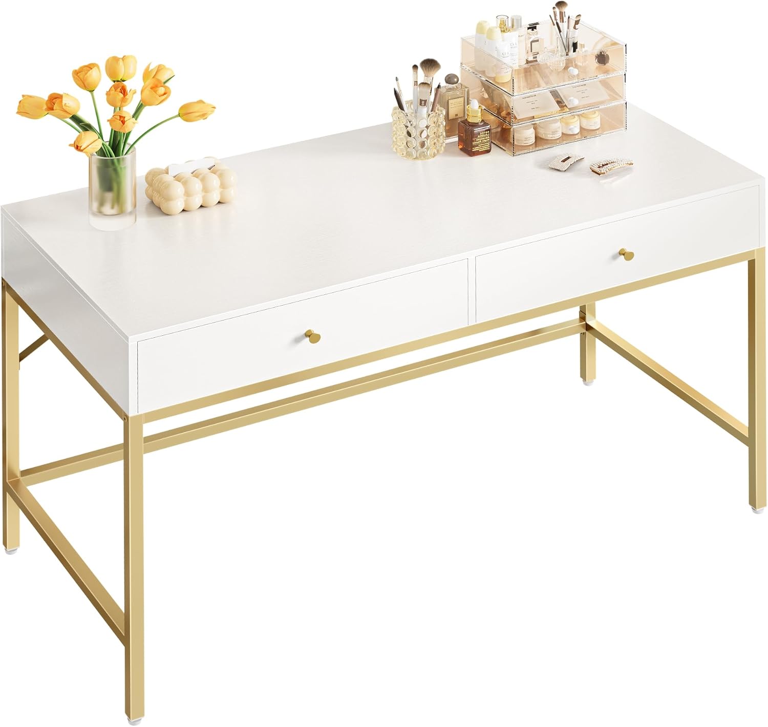 Modern White/Gold Vanity Desk - Space-Saving Style
