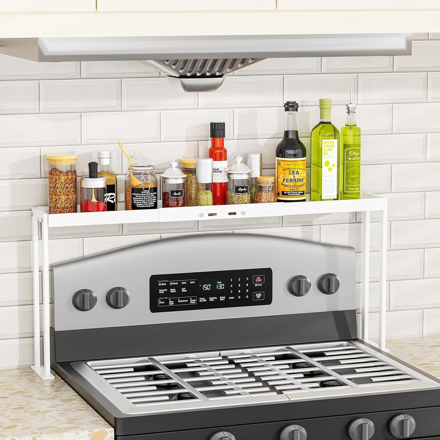 Stove Top Shelf for Curved Stove, Expandable Spice Rack Organizer