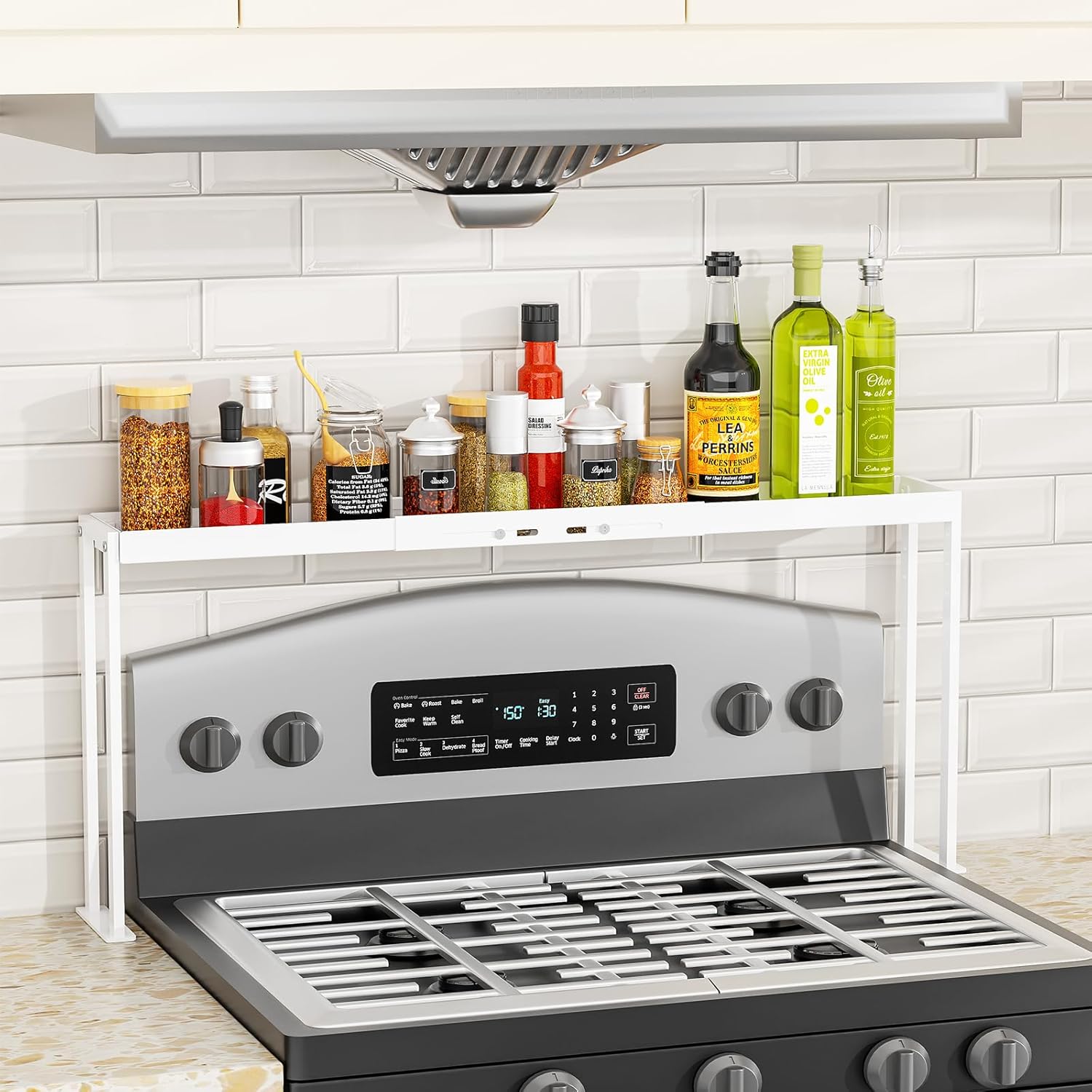 Stove Top Shelf for Curved Stove, Expandable Spice Rack Organizer