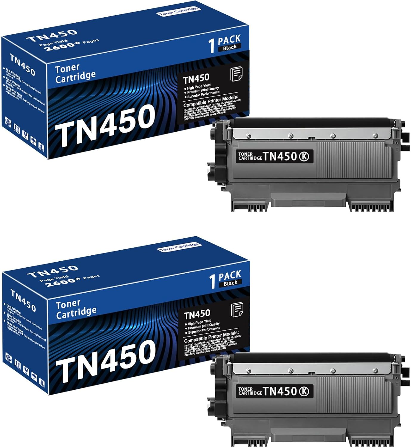 High Yield TN450 Black Toner Cartridge 2-Pack for Brother Printers