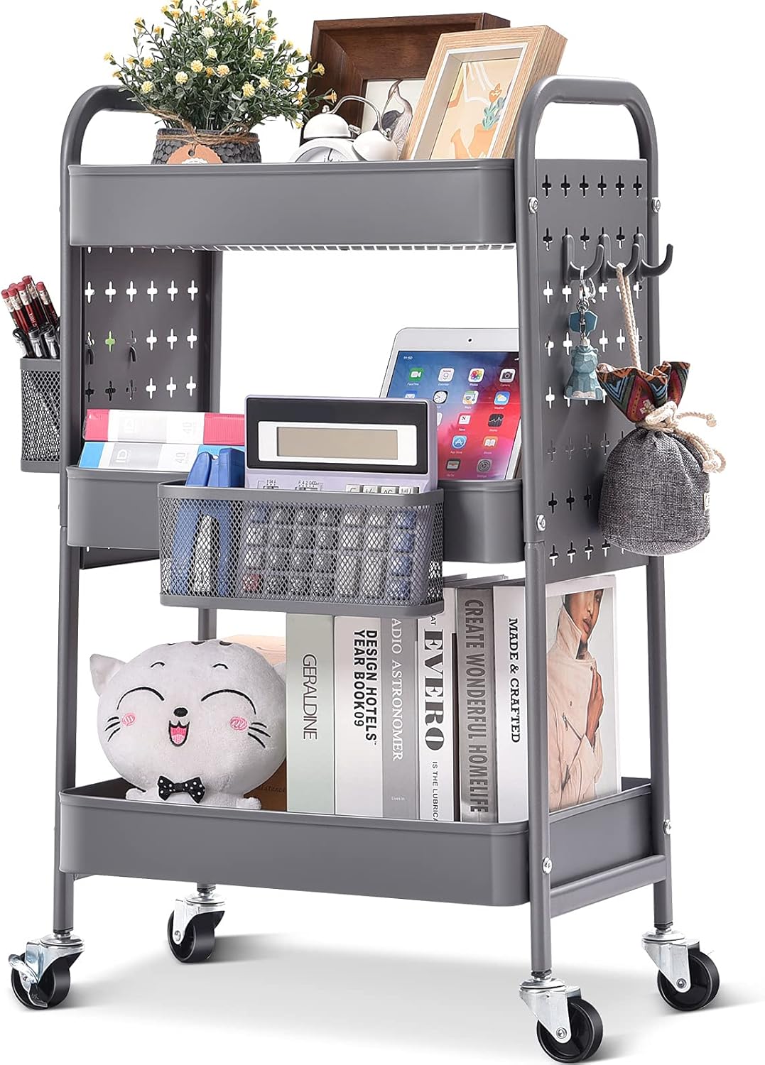 3-Tier Rolling Cart with Pegboards for Home and Office Use