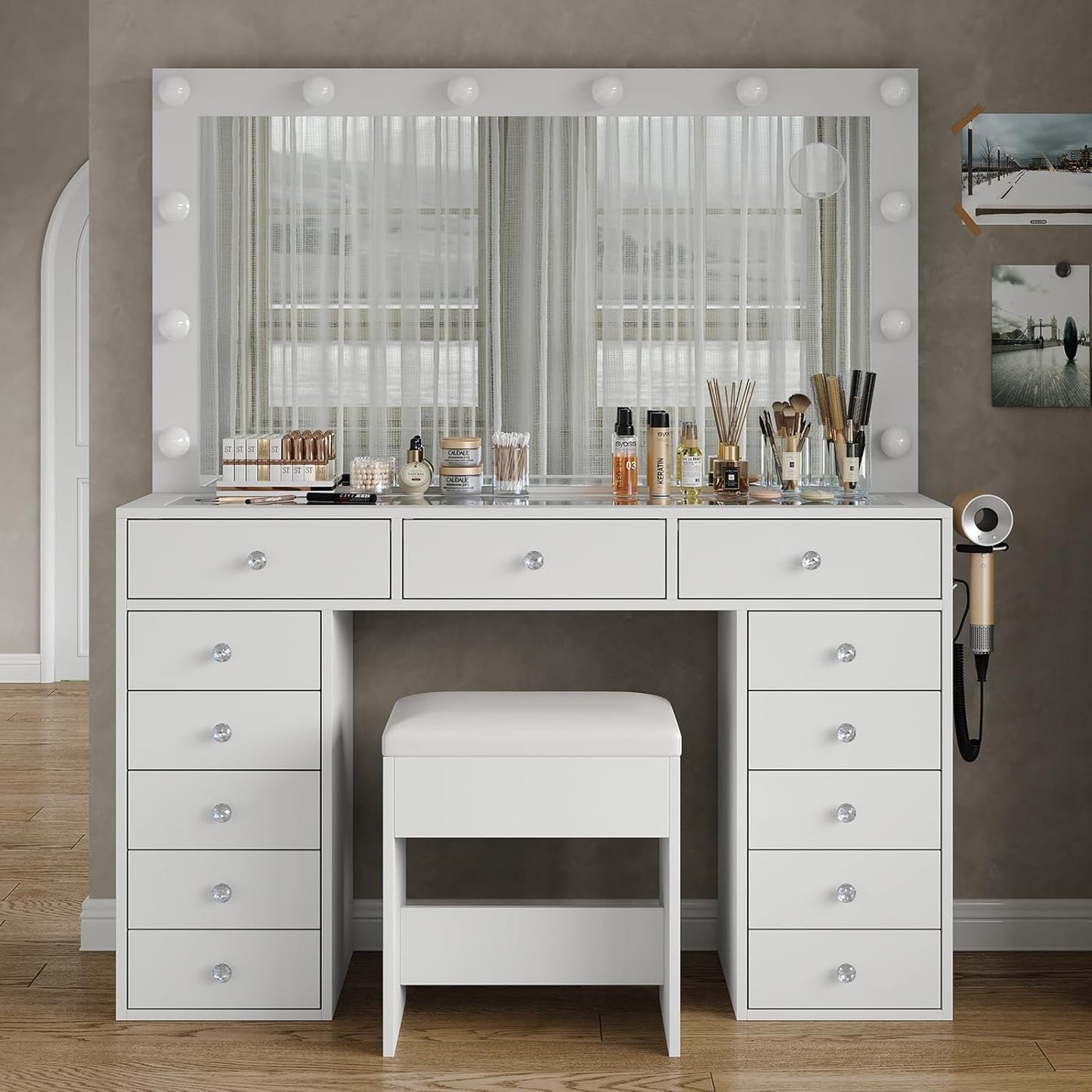 47'' Vanity Desk with Power Outlet & LED Bulbs