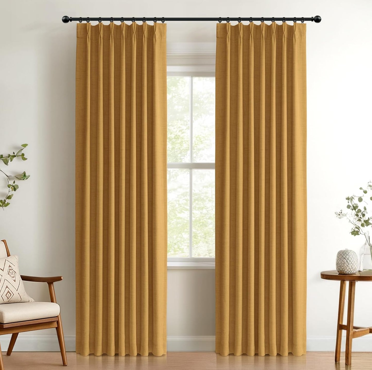 100% Blackout Shield Mustard Yellow Pinch Pleated Curtains Set