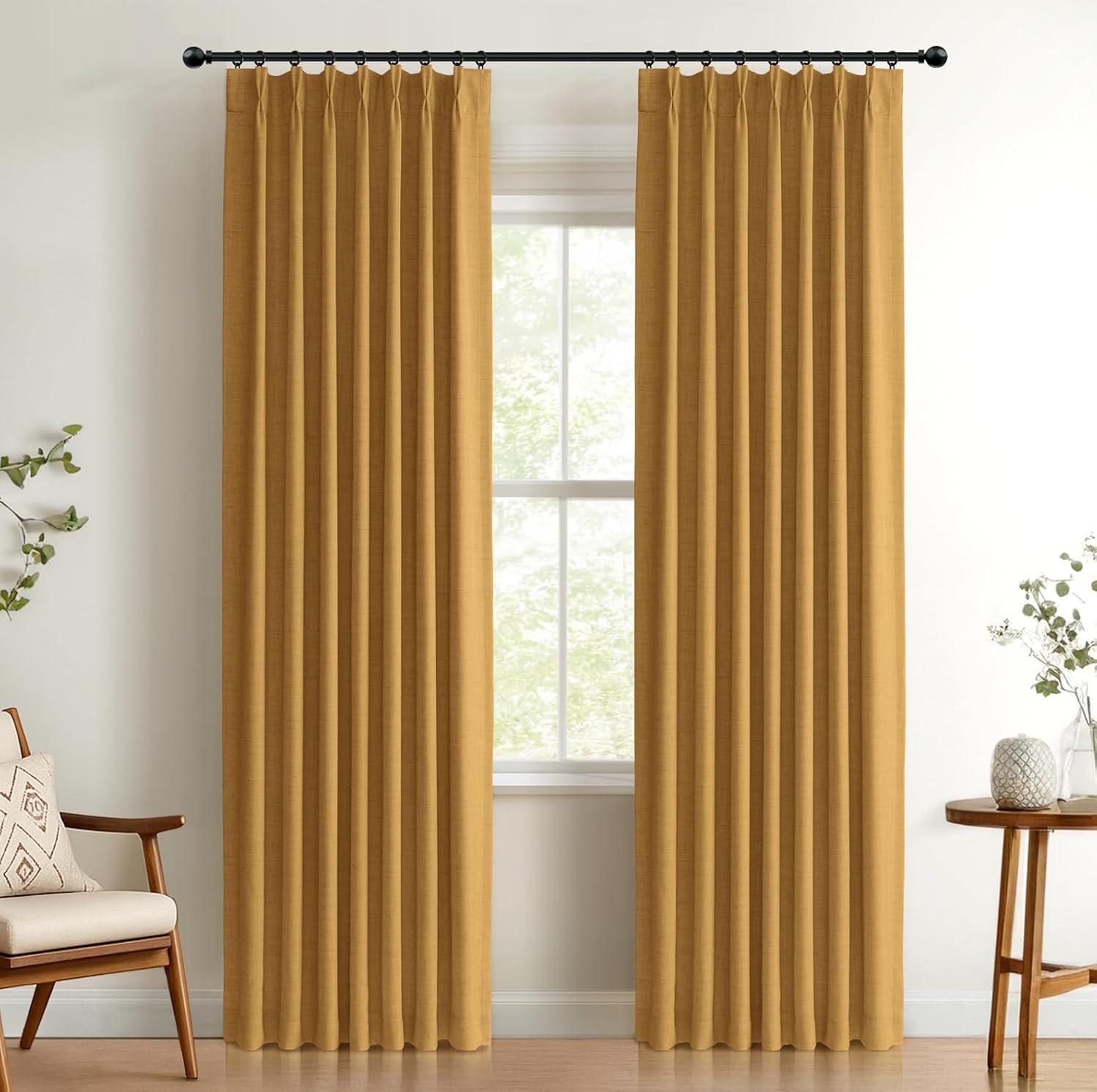 100% Blackout Shield Mustard Yellow Pinch Pleated Curtains Set