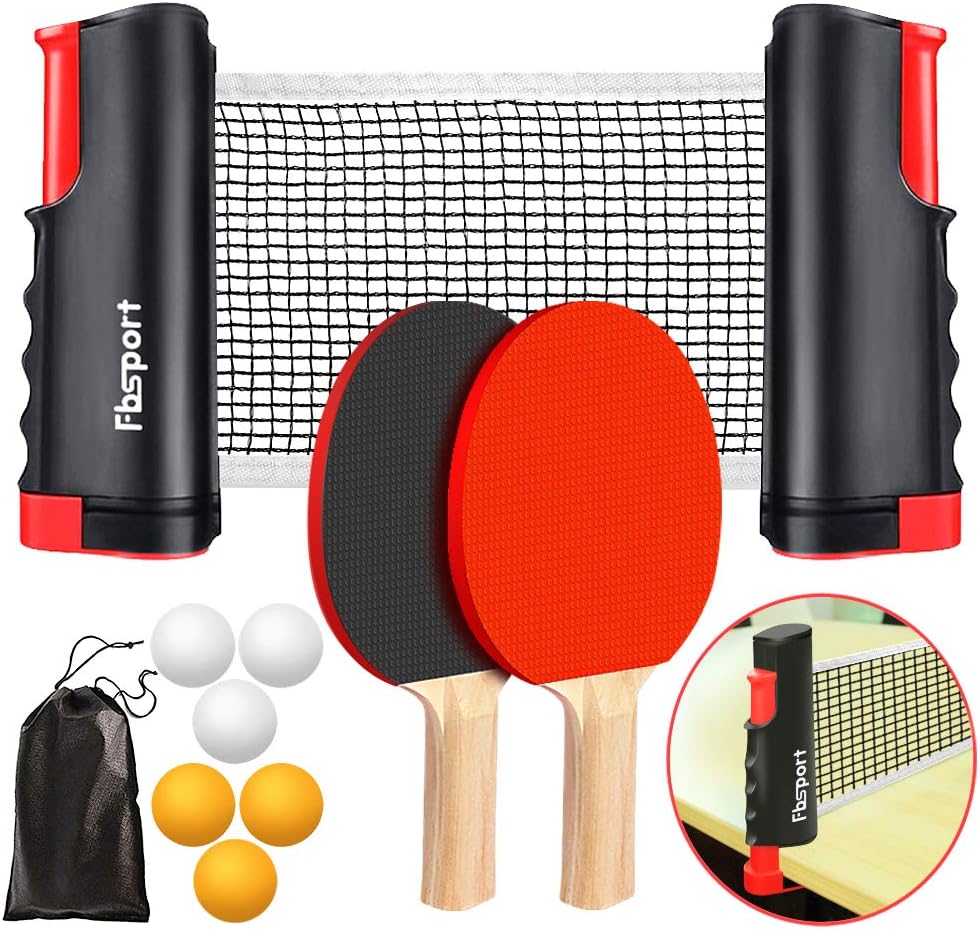 FBSPORT Ping Pong Paddle Set with Retractable Net for Fun Games