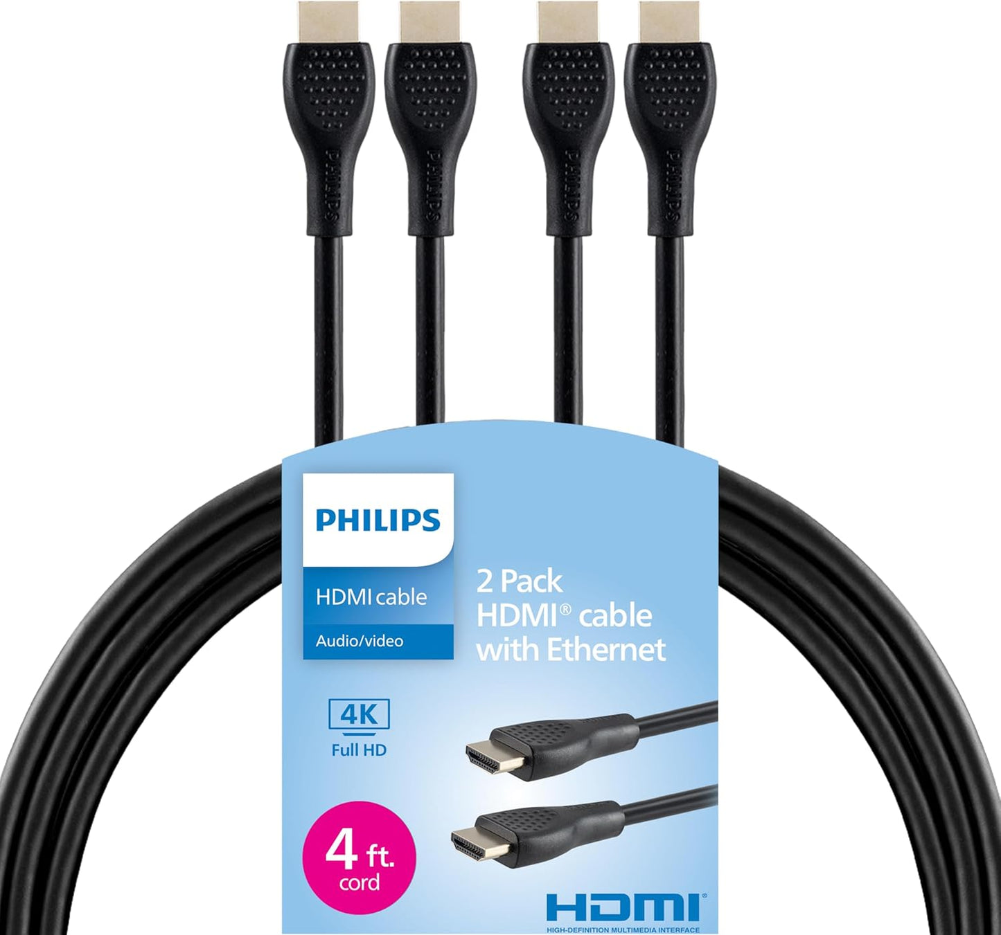 Philips 4K HDMI Cable 2 Pack - Fast 4K@120Hz Refresh Rate