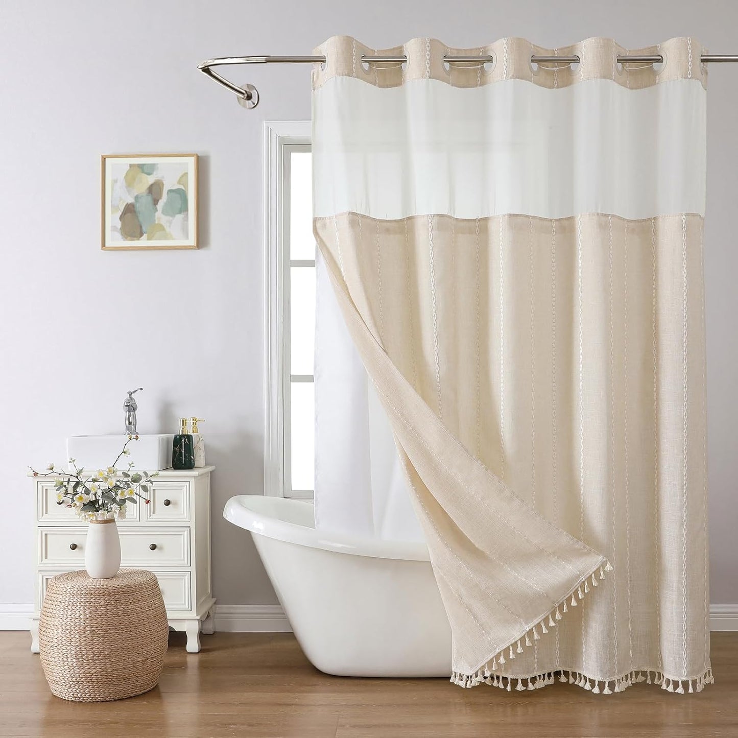 No Hook Long Shower Curtain Set with Snap-in Liner for Luxury