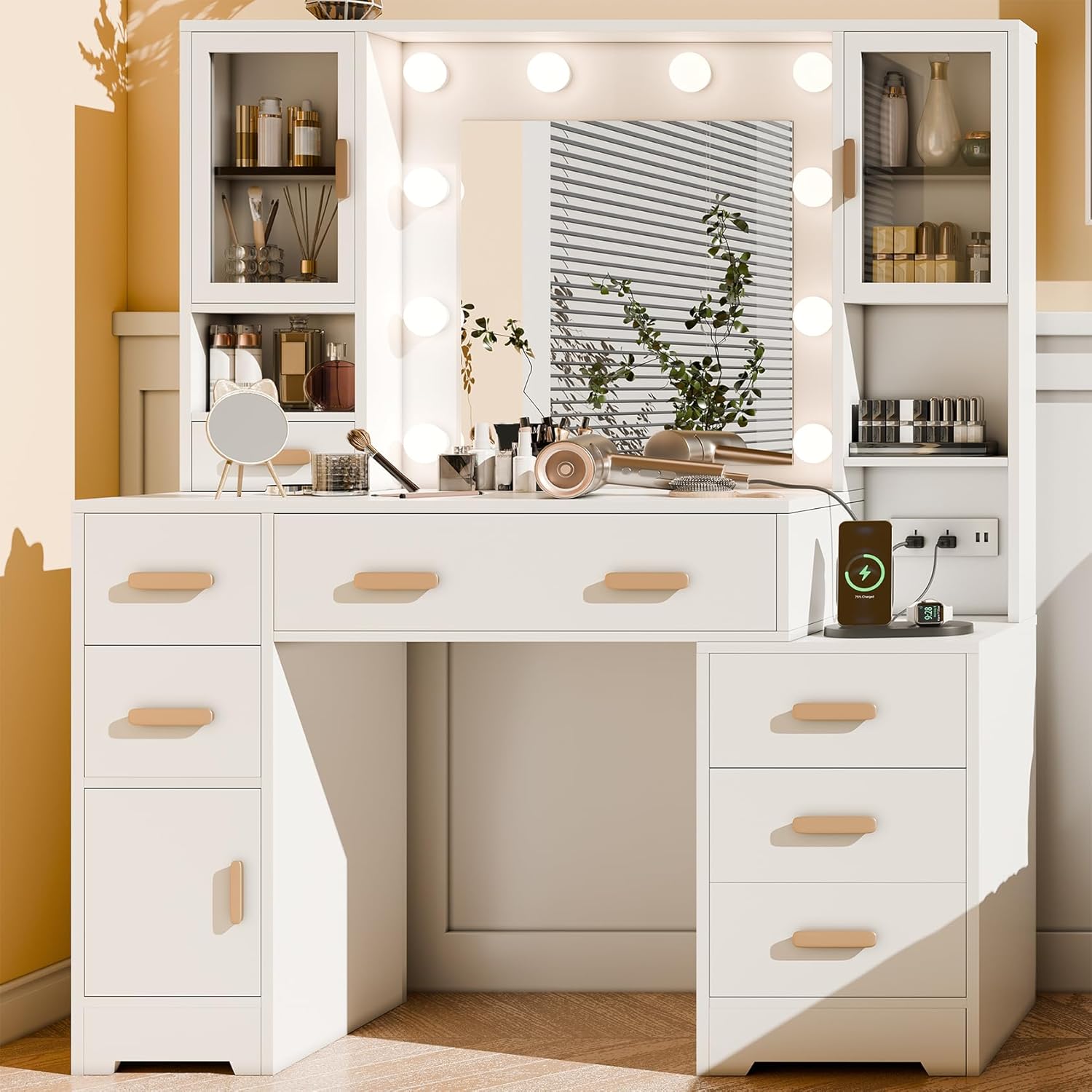 DYHOME Large Vanity Desk with Lights & Storage
