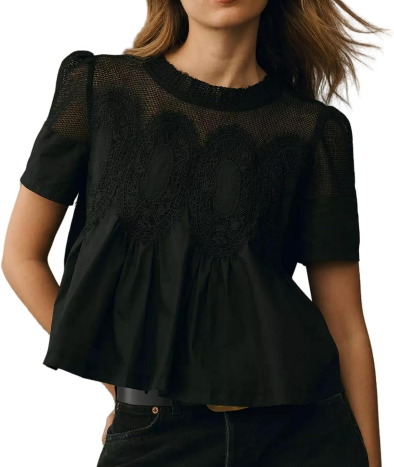 VAOYIU Women Lace-Detail Flared Blouse for Elegant Style