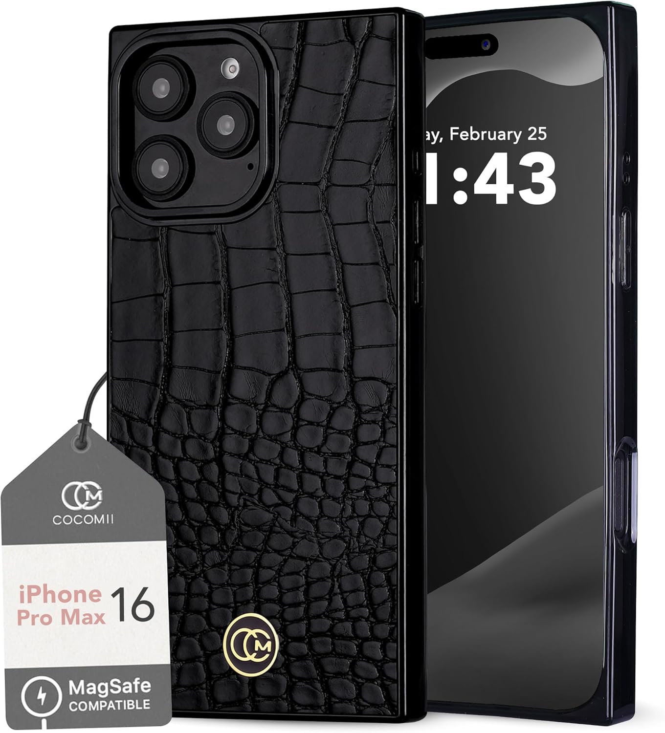 Crocodile Leather Rectangle Case for iPhone 16 Pro Max - Black