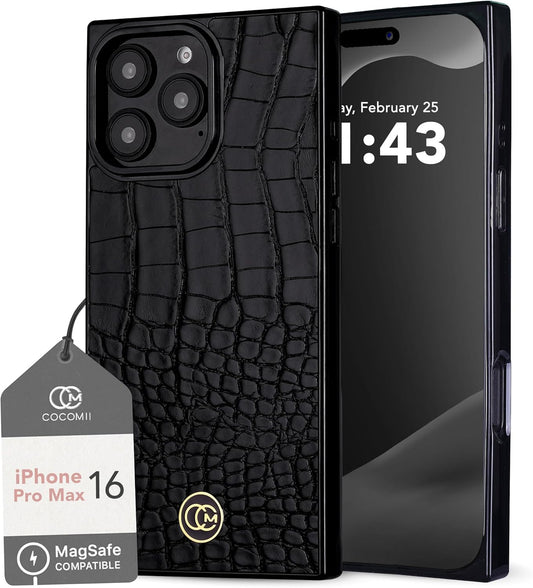 Crocodile Leather Rectangle Case for iPhone 16 Pro Max - Black