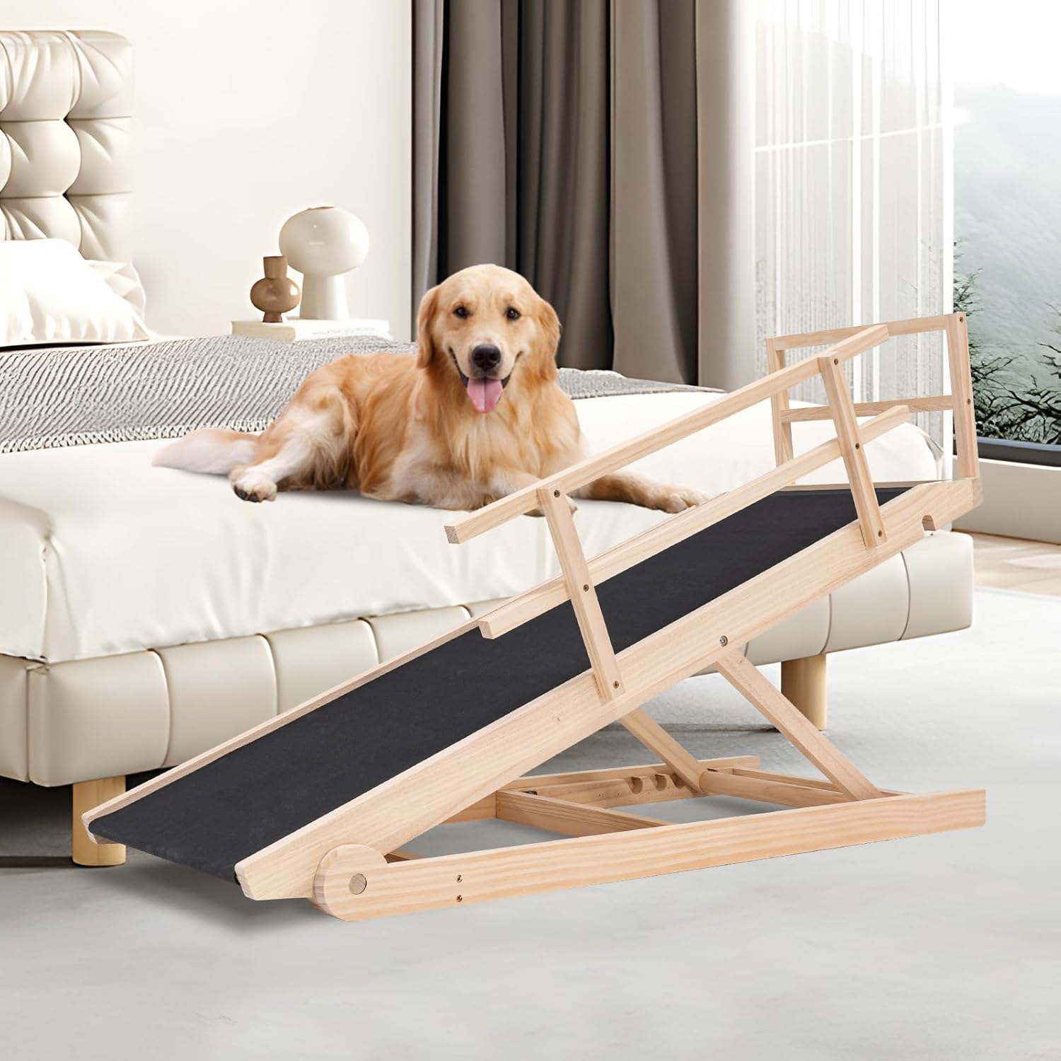 Folding Wooden Dog Ramp for Bed, Couch & Car - Adjustable & Safe