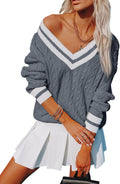 Womens V Neck Oversized Cable Knit Pullover Sweater - Cozy Casual