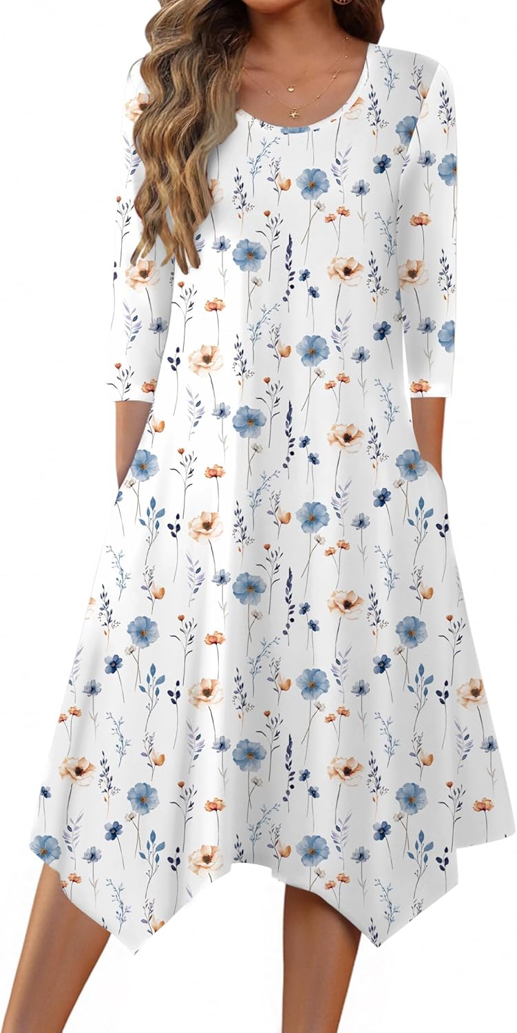 Zeagoo Midi Women 3/4 Sleeve Dress with Pockets for All Occasions
