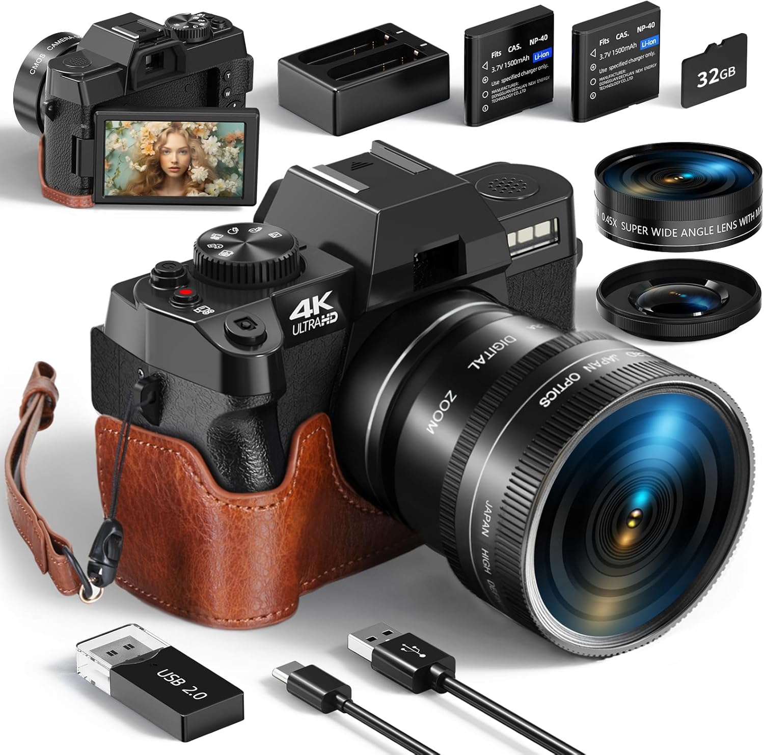 Monitech 4K Vlogging Camera, 48MP, Flip Screen, 16X Zoom