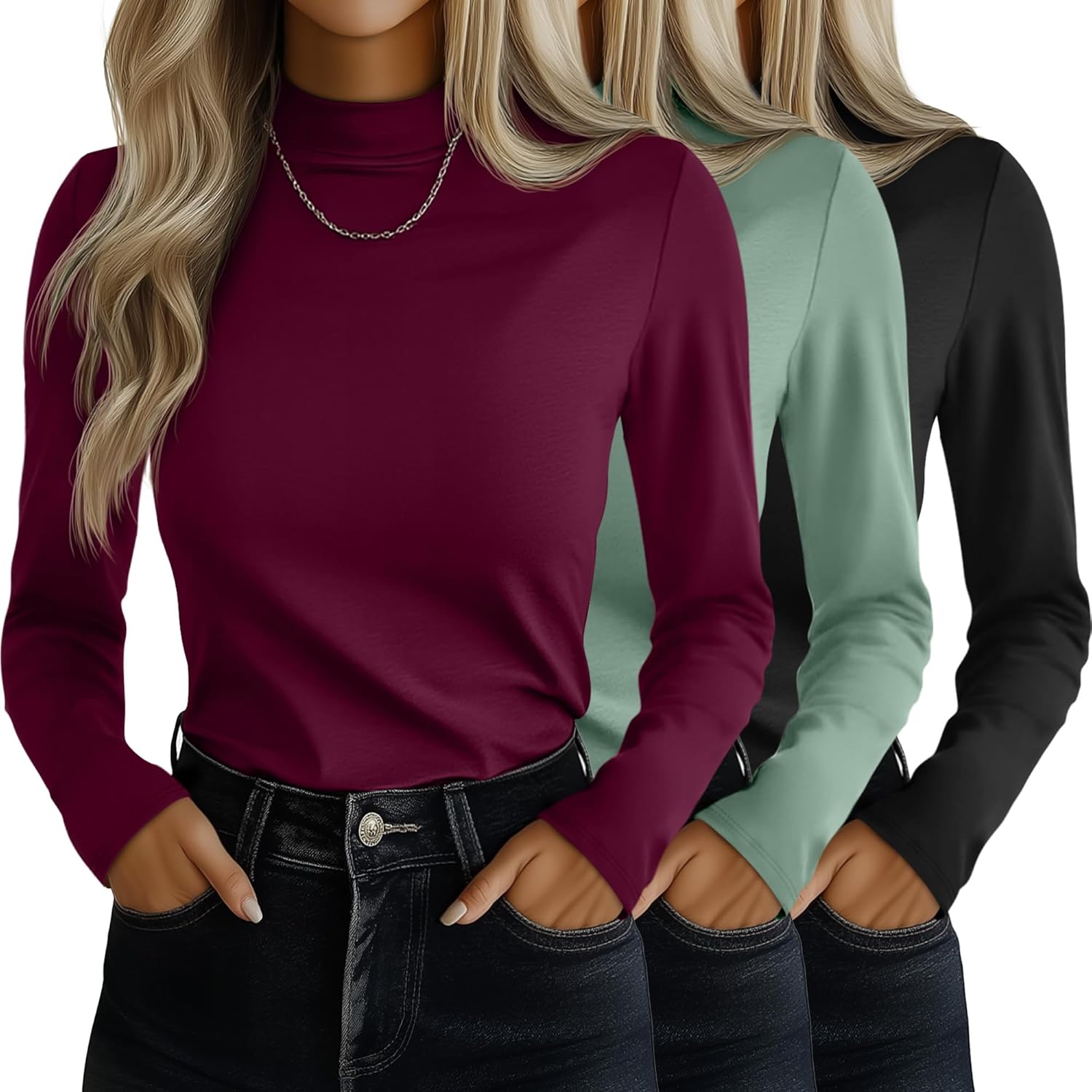 Ficerd Women's Mock Turtleneck Shirts - 3 Pack Long Sleeve Tops