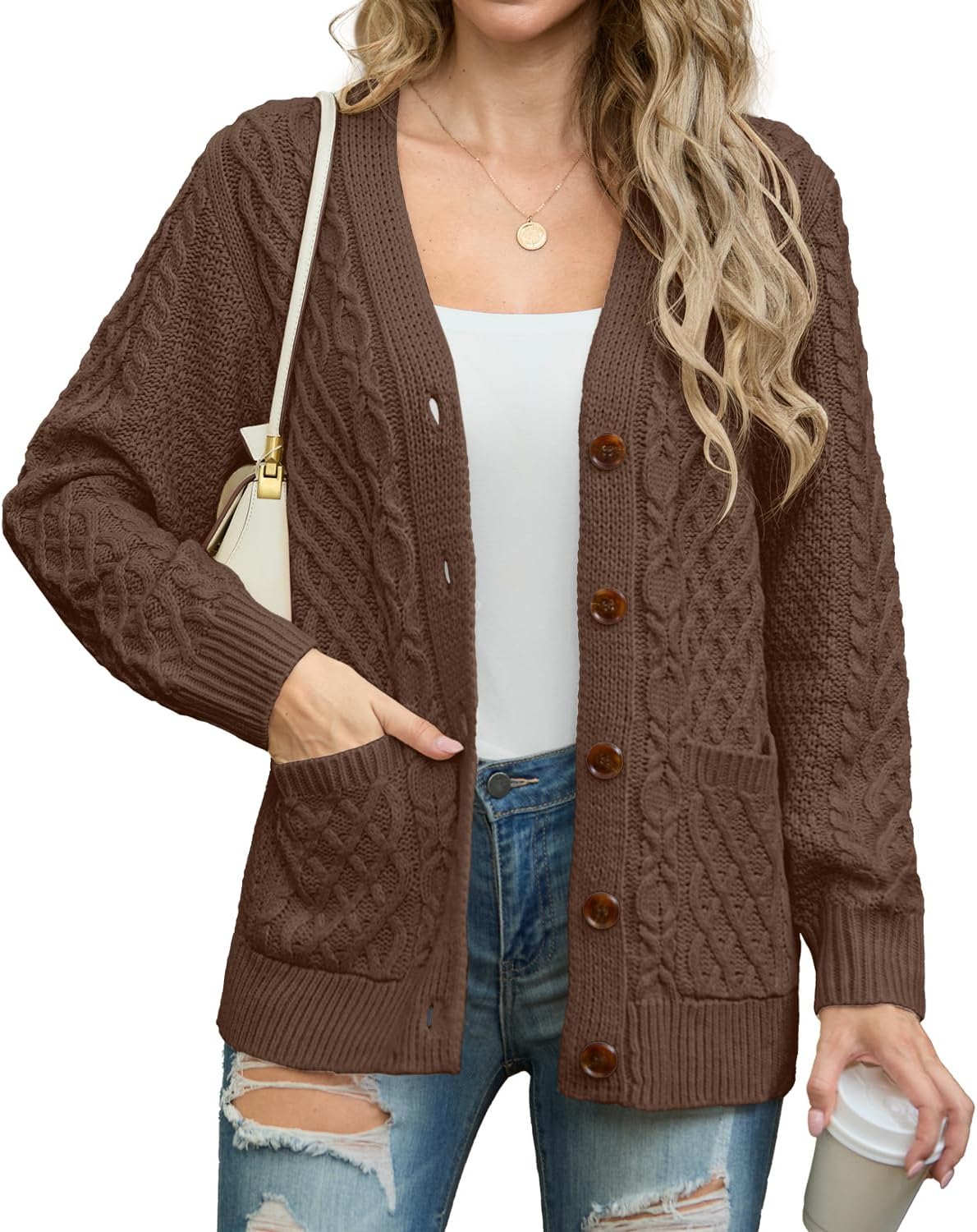 GRECERELLE Women Long Sleeve Cable Knit Sweater Cardigan Coat