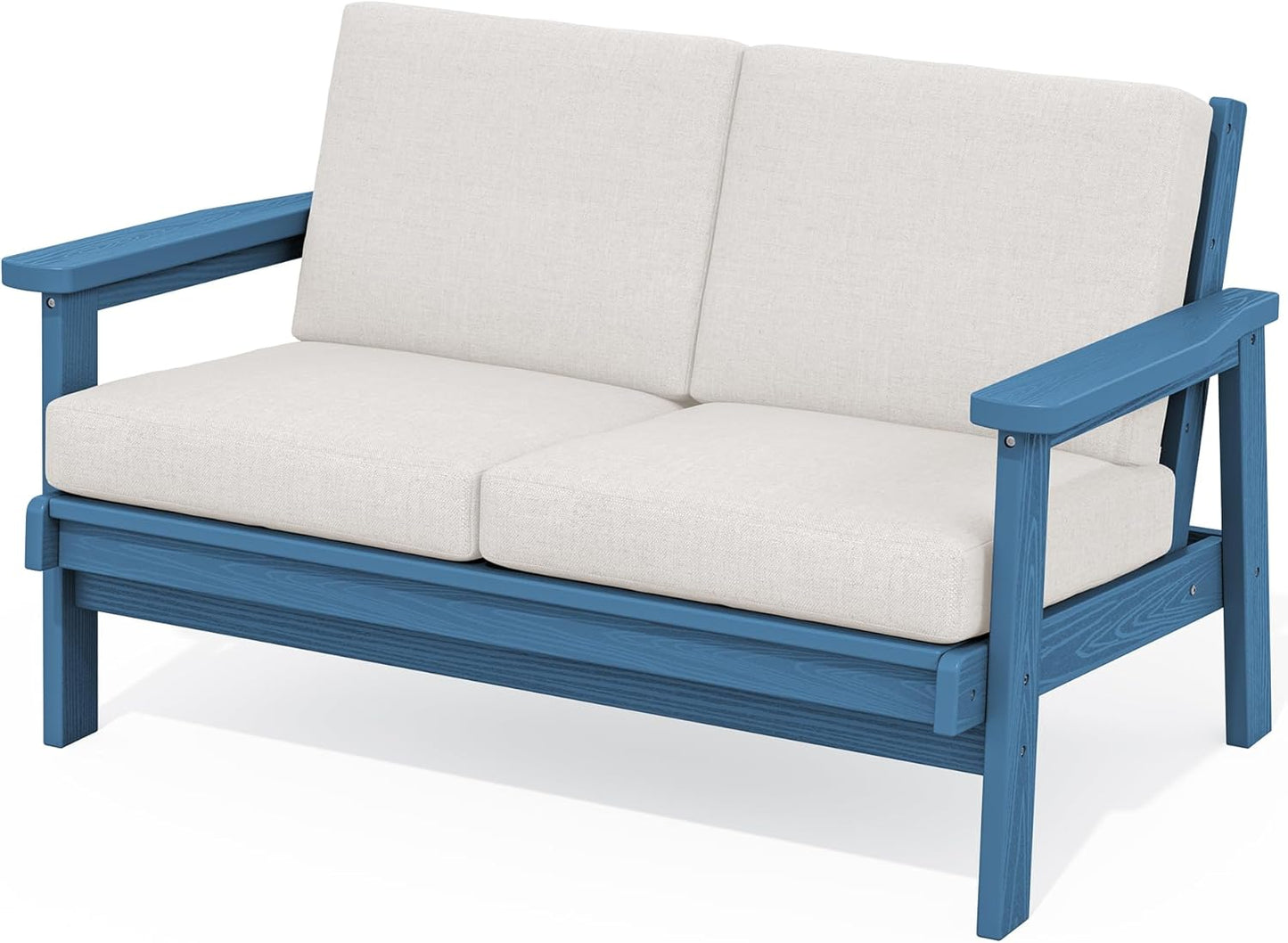 HDPE Outdoor Patio Loveseat with Blue Frame and Khaki Cushion