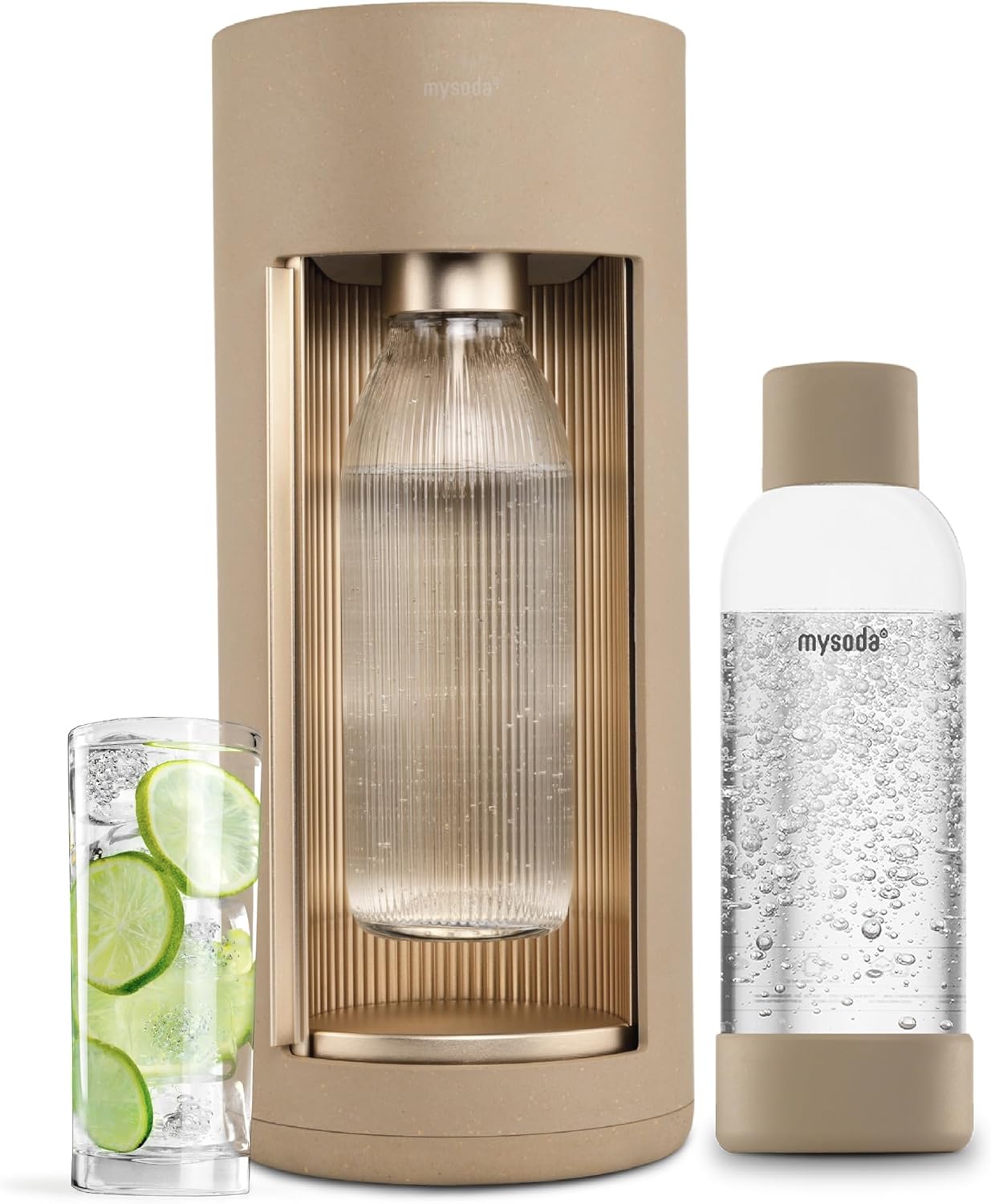 Mysoda Glassy Sparkling Water Maker - Silent Nordic Design, Sliding Door Opening - Latte
