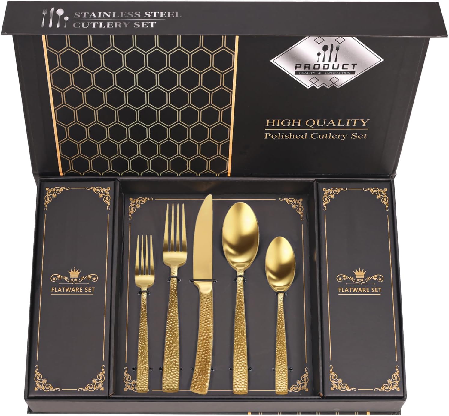 Hammered Gold Silverware Set With Gift Box For 8 Utensils
