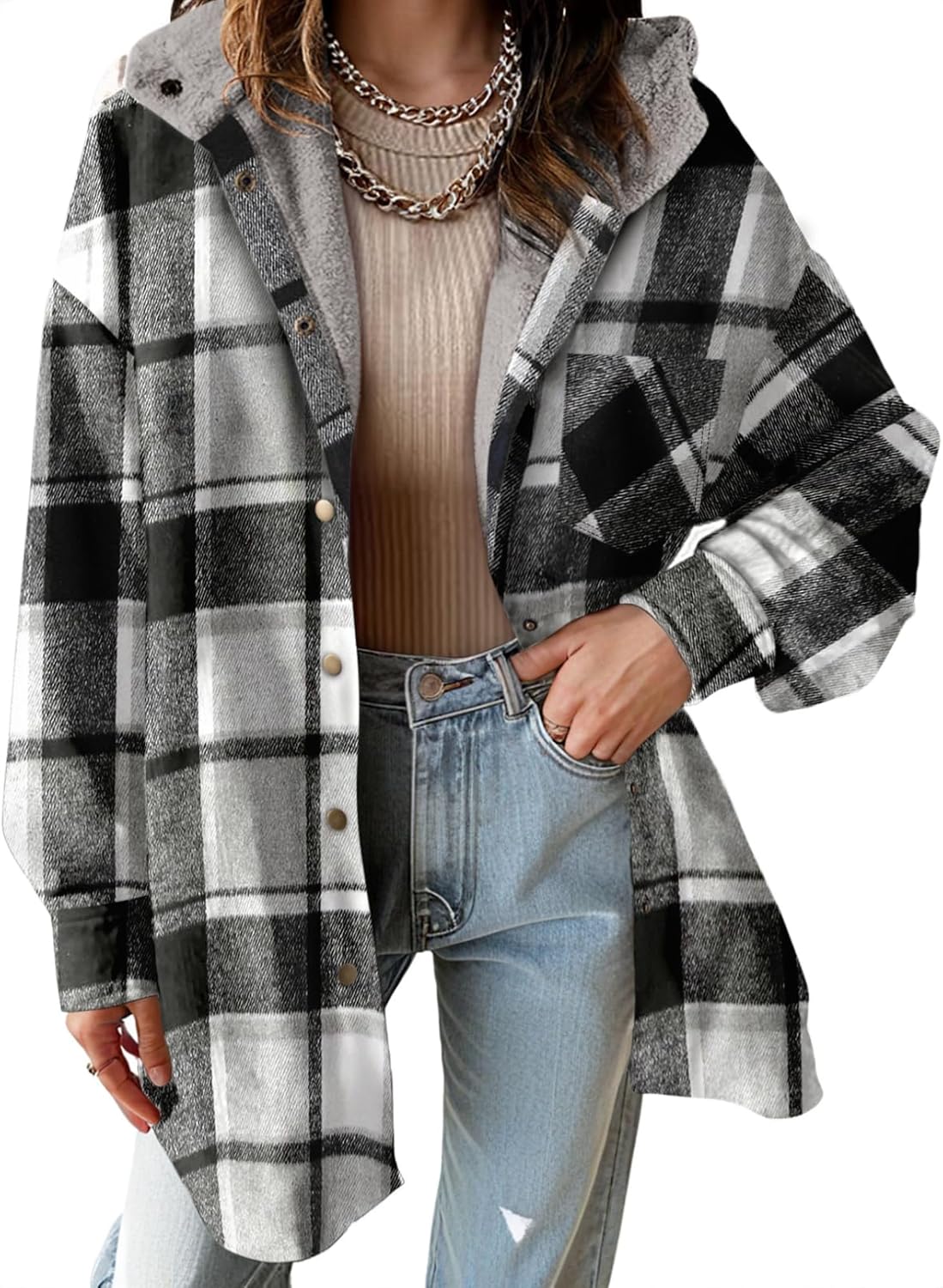 Dokotoo Women's Flannel Hooded Plaid Shacket for Winter Warmth
