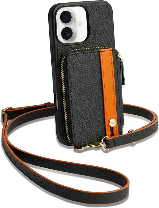 LAMEEKU iPhone 16 Wallet Case with Card Holder & Strap