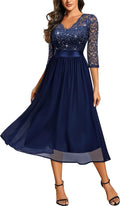 Miusol Women's Elegant V Neck Sequin Lace Sleeve A-line Dress - Flowy