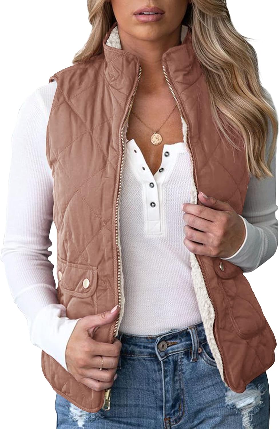 Reversible Quilted Sherpa Fleece Vest for Women - Lightweight Style