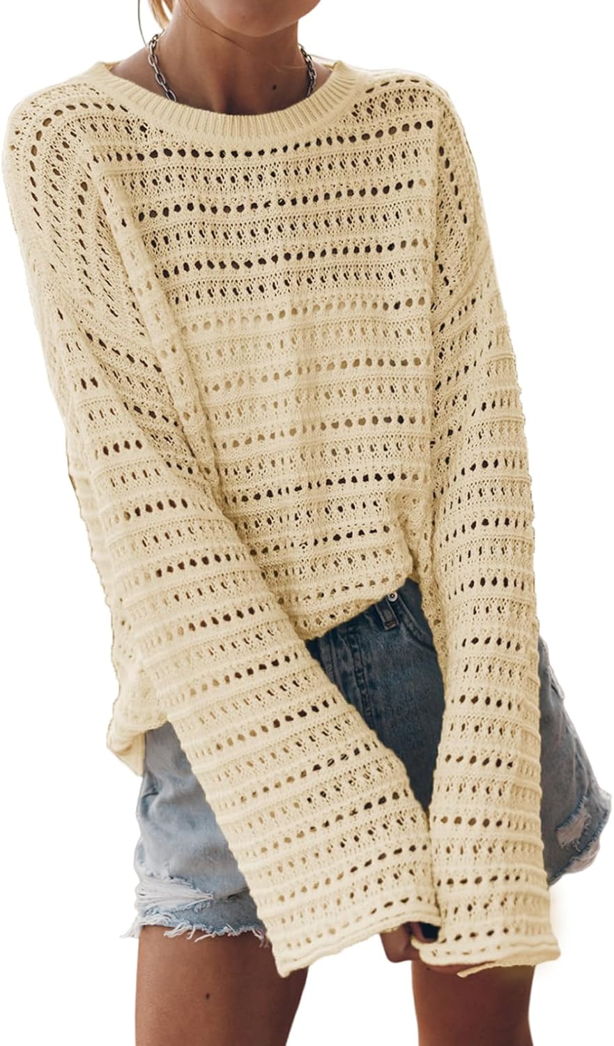 Sidefeel Womens Fall Sweaters Lightweight Crochet Pullover Tops