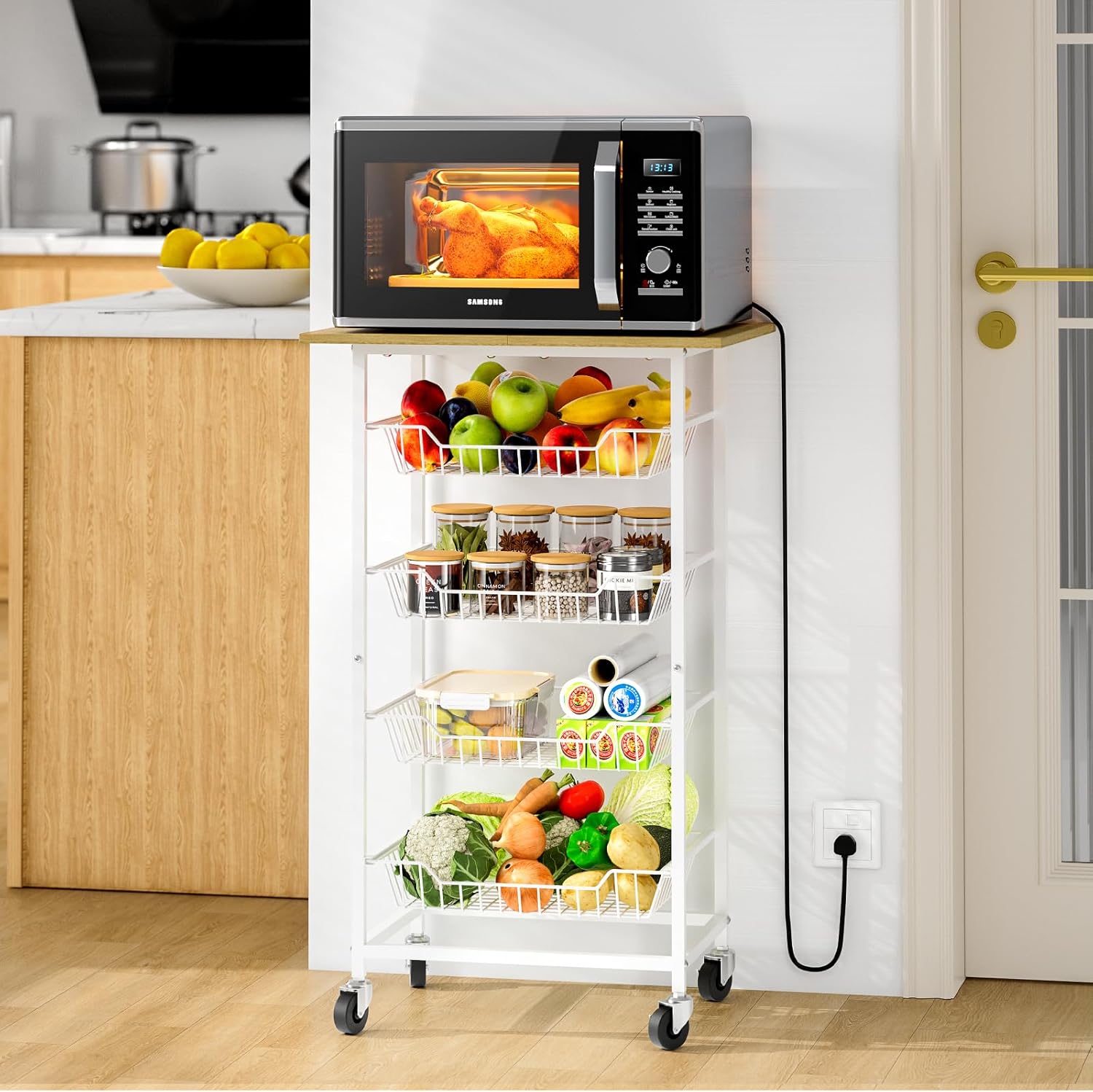 5 Tier Microwave Cart with Fruit Baskets - Space Saver