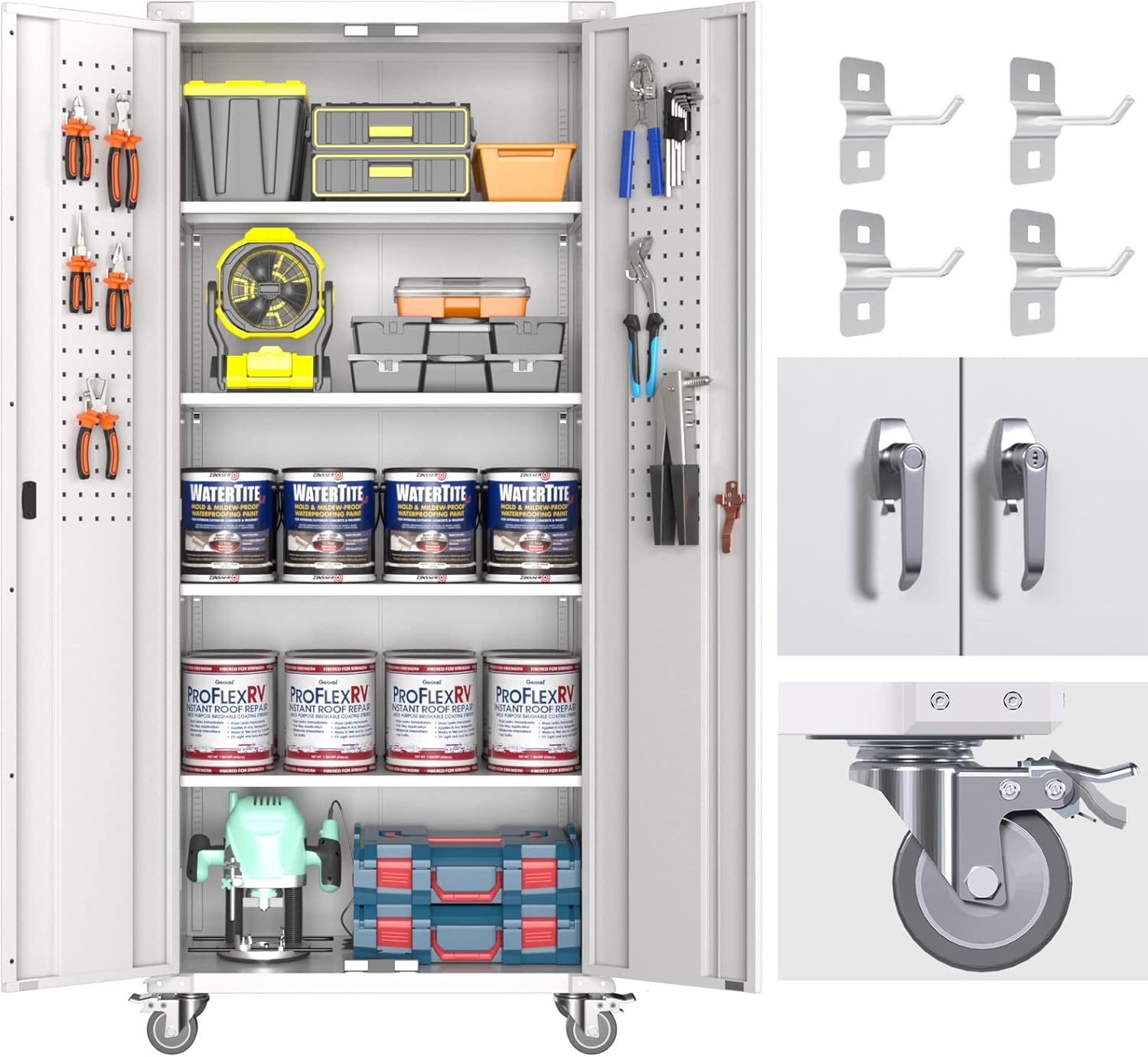 Garage Storage Cabinet with Wheels & Pegboard for Easy Access