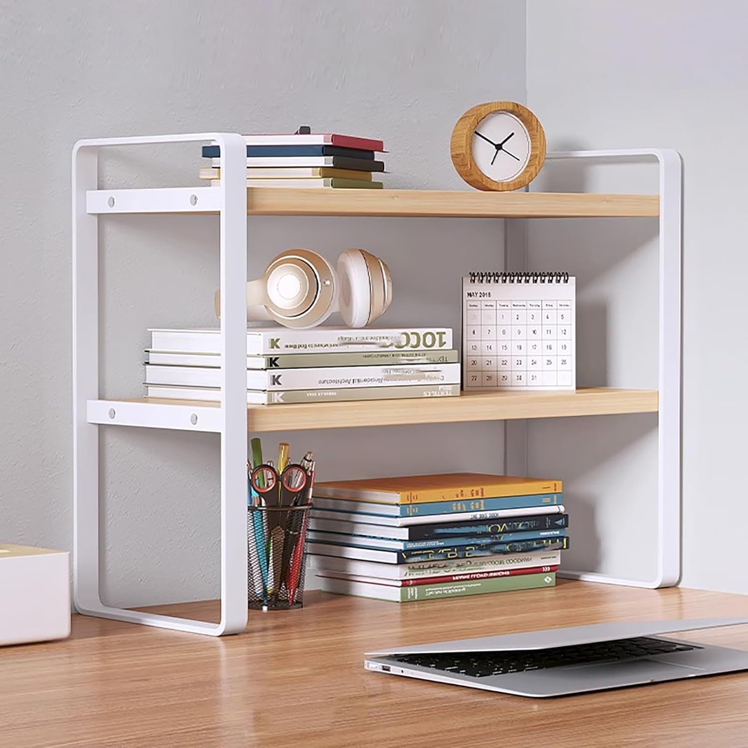 Adjustable Desktop Organizer Shelf - Office Storage Rack - White