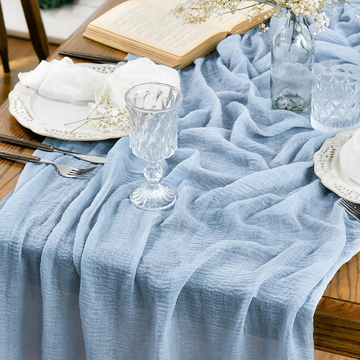Boho Sky Blue Gauze Table Runner Set for Elegant Dining Decor