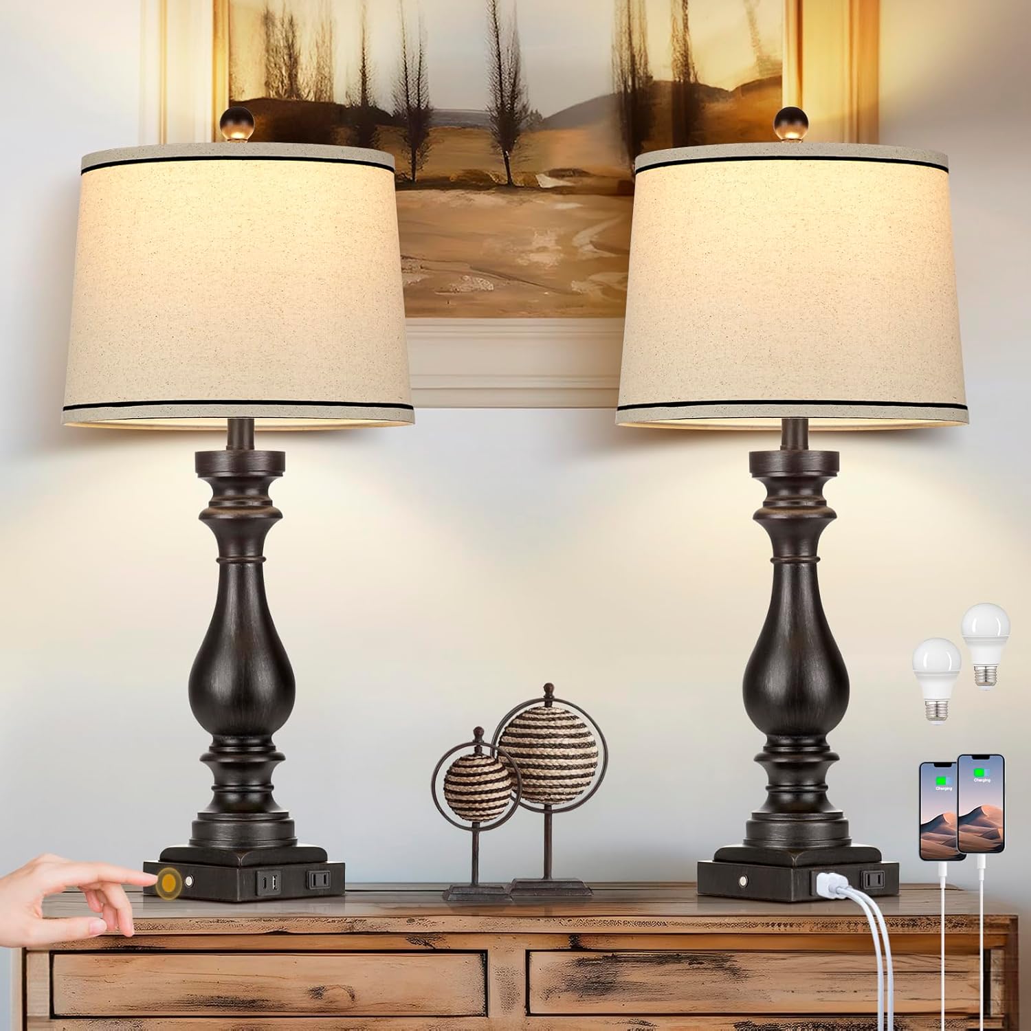 27.5 Farmhouse Table Lamp Set of 2 with USB Ports and Dimming